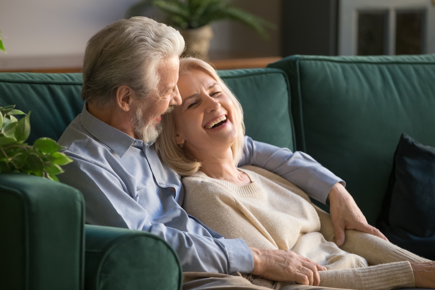 A relaxed senior couple enjoying a calm moment together at home